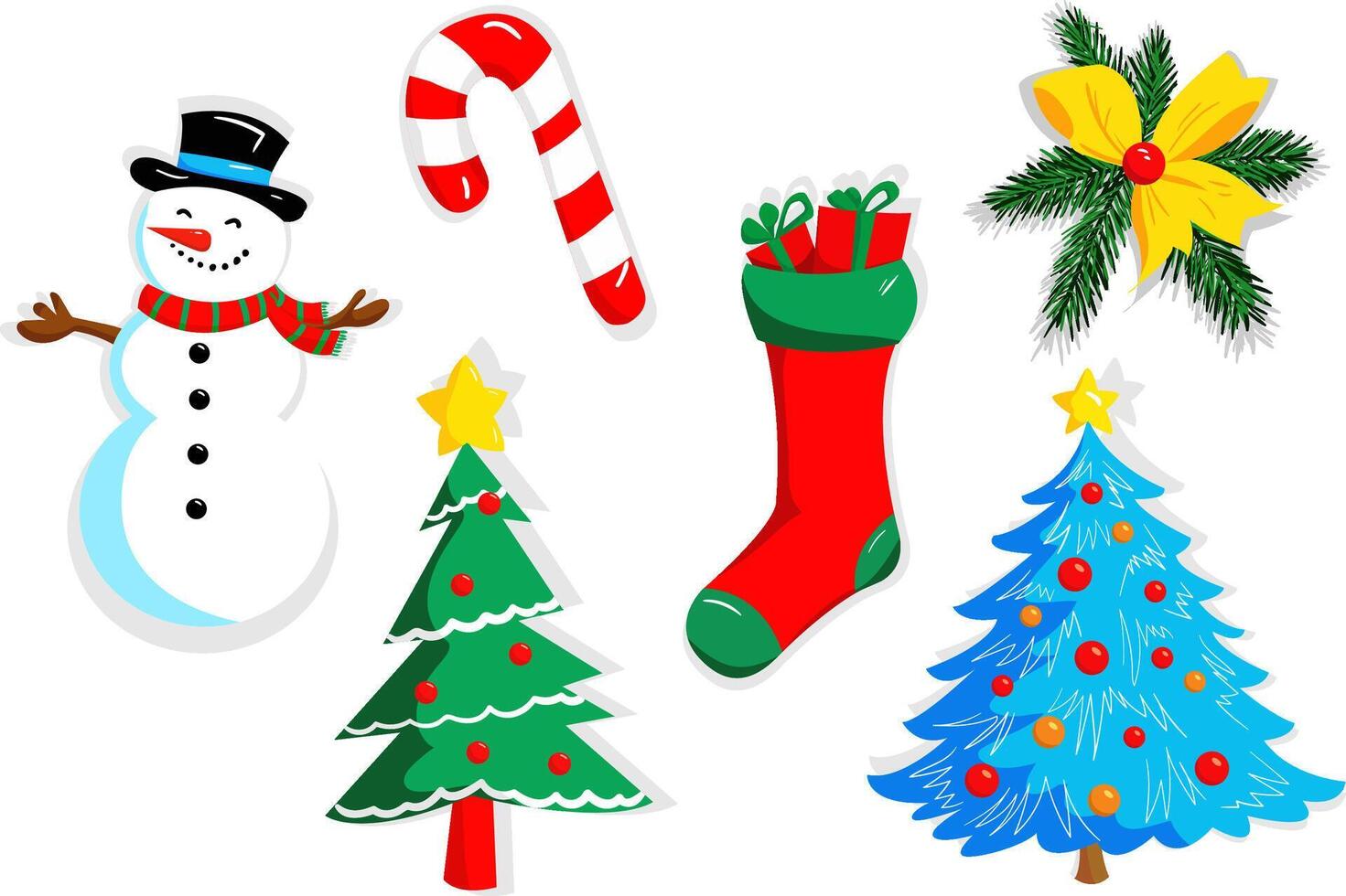 hand drawn set, isolated holiday elements, snowman, Christmas trees, sugar cane, santa stockings, bow, festive Christmas graphics, bright colors vector
