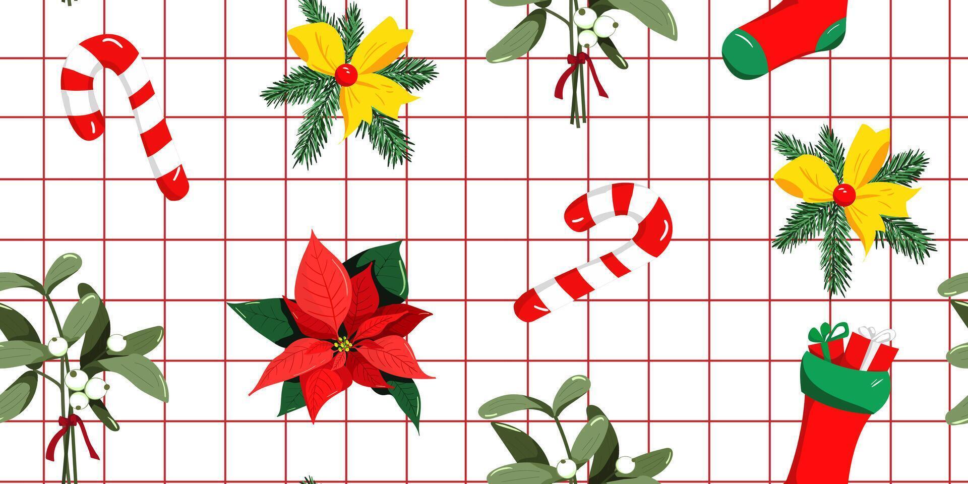 Seamless red checkered Christmas pattern, candy canes, poinsettias, mistletoe, stockings on white mesh background, festive design for textiles, design, paper, cards vector