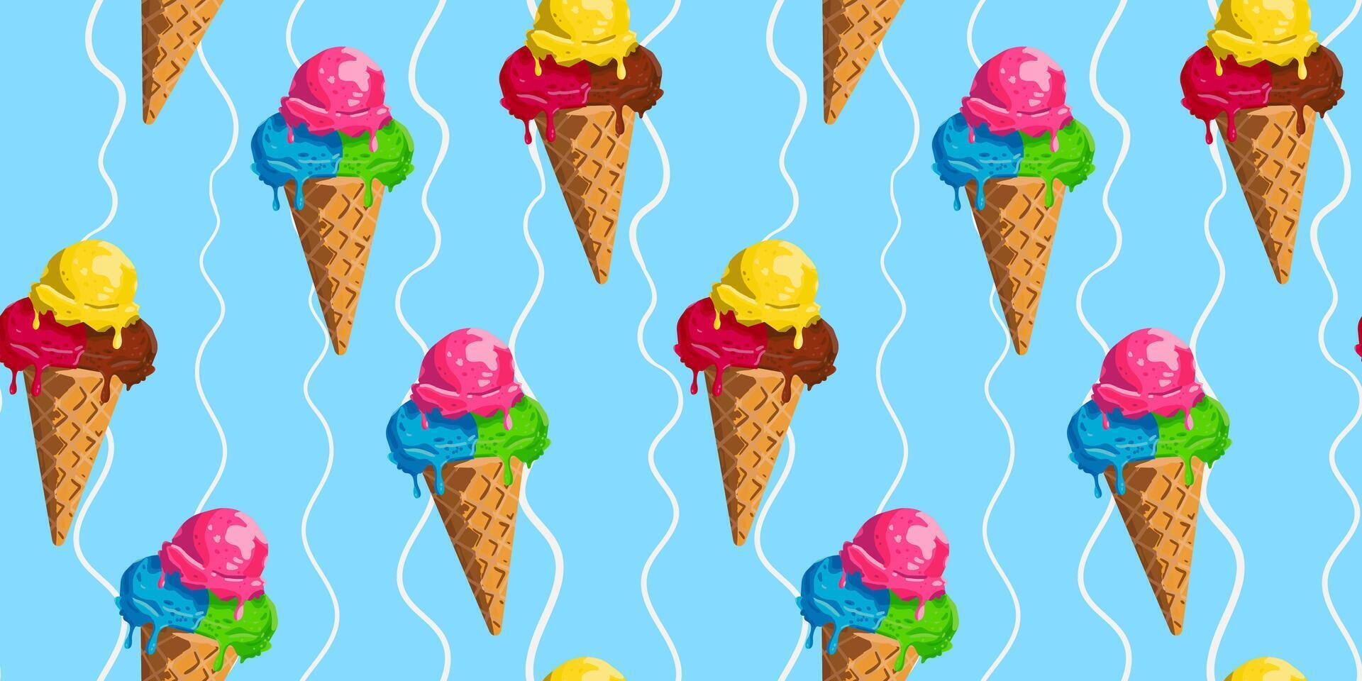 Seamless pattern of a bright ice cream cone on a light blue background with white wavy lines for summer design, wrapping paper, textiles and digital web art vector