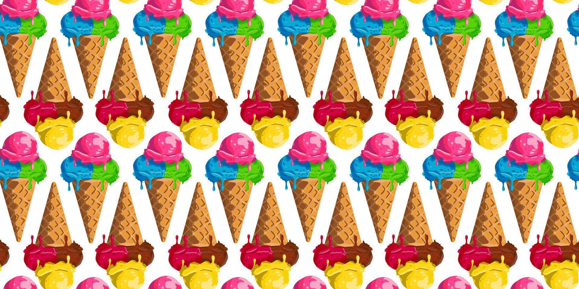 Seamless ice cream cone pattern, bright colors, summer dessert design, texture for textile and print, Illustration of sweet treat on white background vector