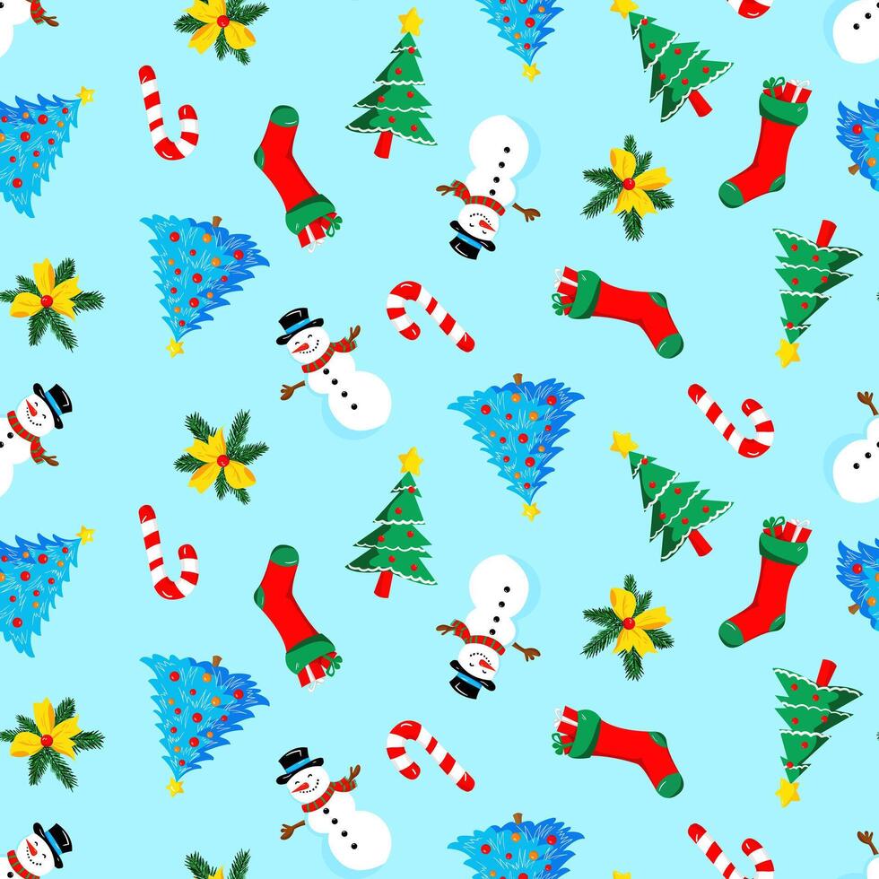 Seamless hand-drawn Christmas pattern, santa stockings with gifts, cute snowmen, trees, candy canes, light blue background for textile print and web design of greeting cards paper vector