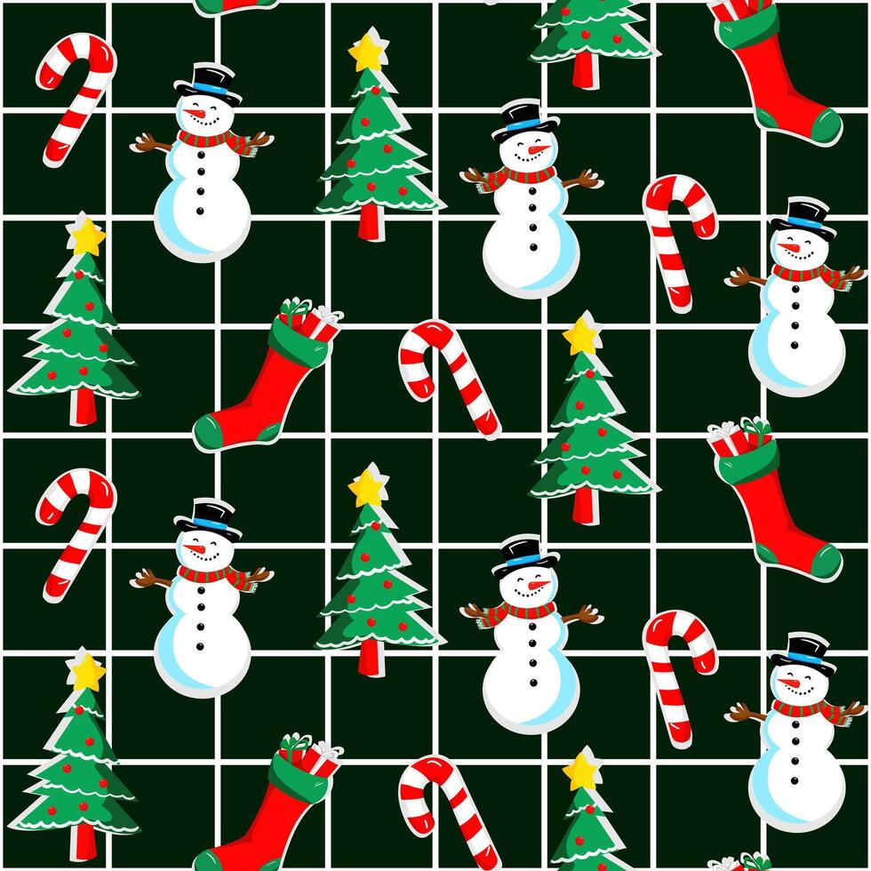 Seamless Christmas pattern in a cage of snowmen Christmas trees, candy canes, stockings, dark green background, festive design, texture for textiles and printing vector