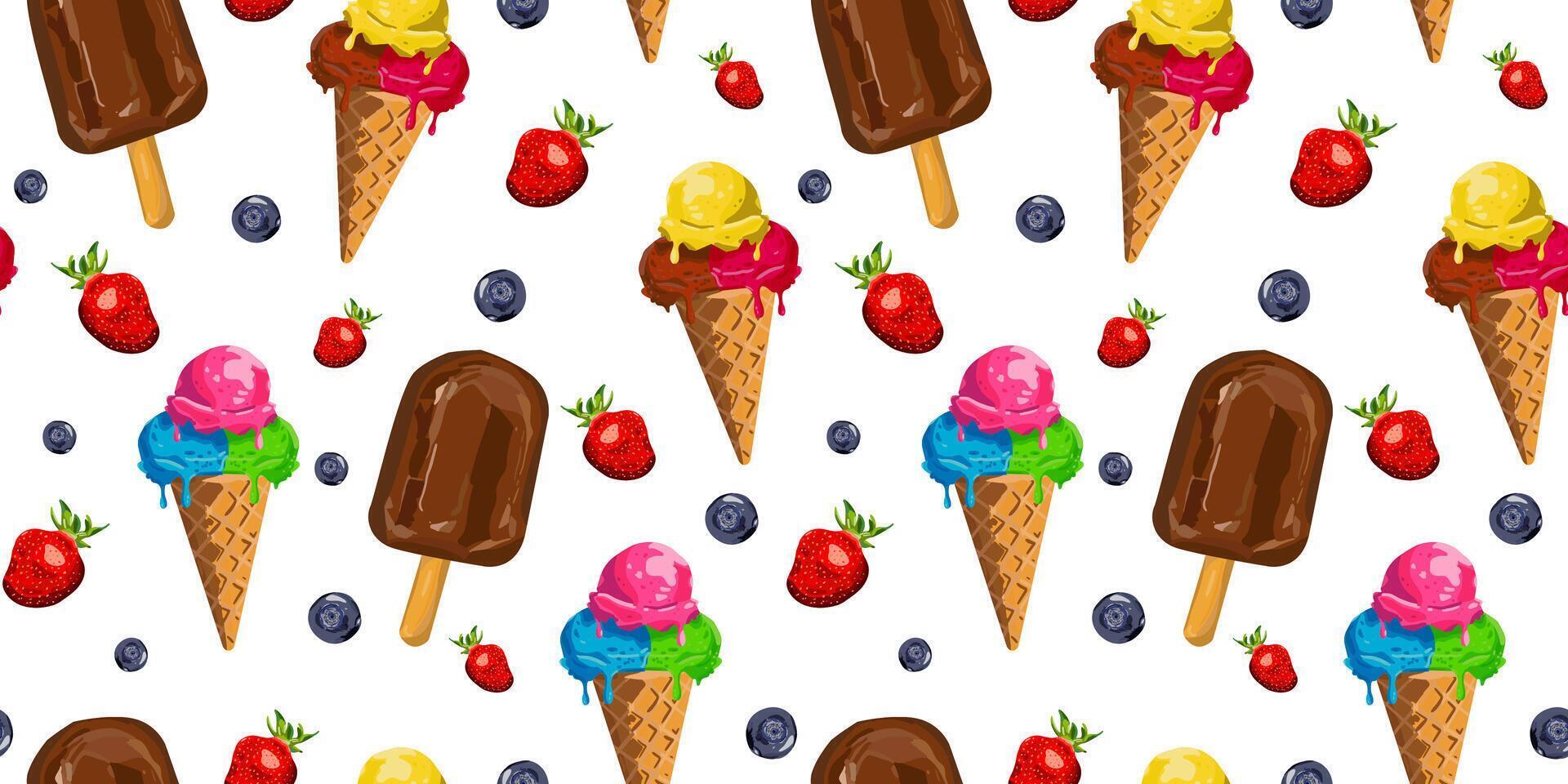 Seamless summer pattern with ice cream cones, chocolate popsicles and fresh strawberries blueberries on a white background. Perfect for textile design, packaging and invitations vector