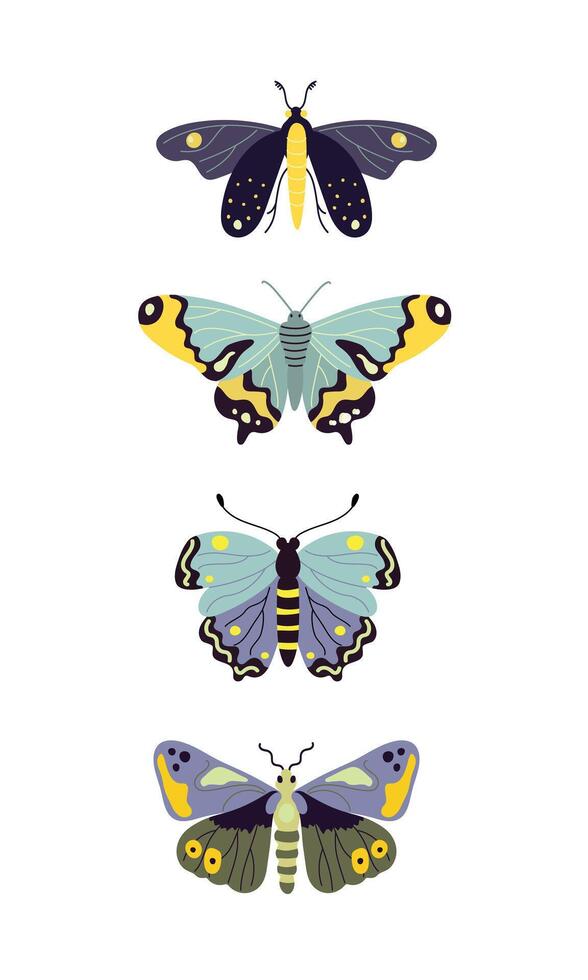 Set of butterflies in blue tones, flat style illustration on white background vector
