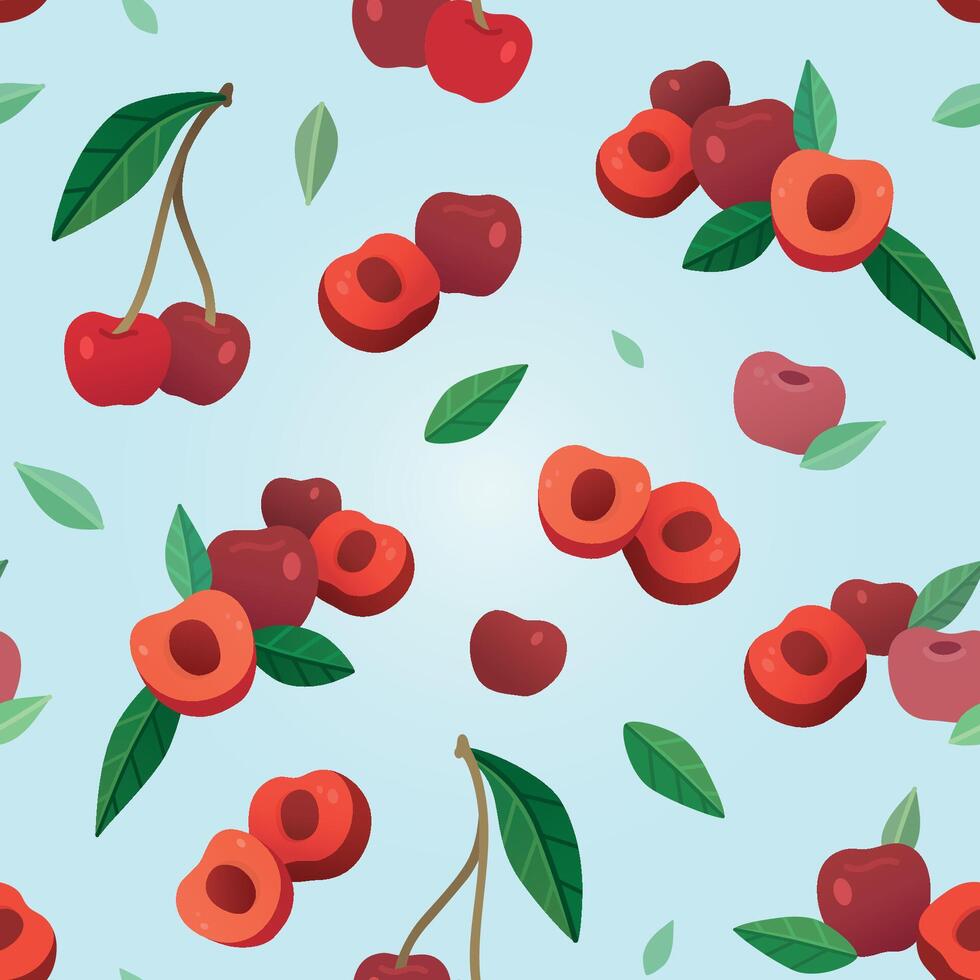Cherry berries groups and leaves pattern vector