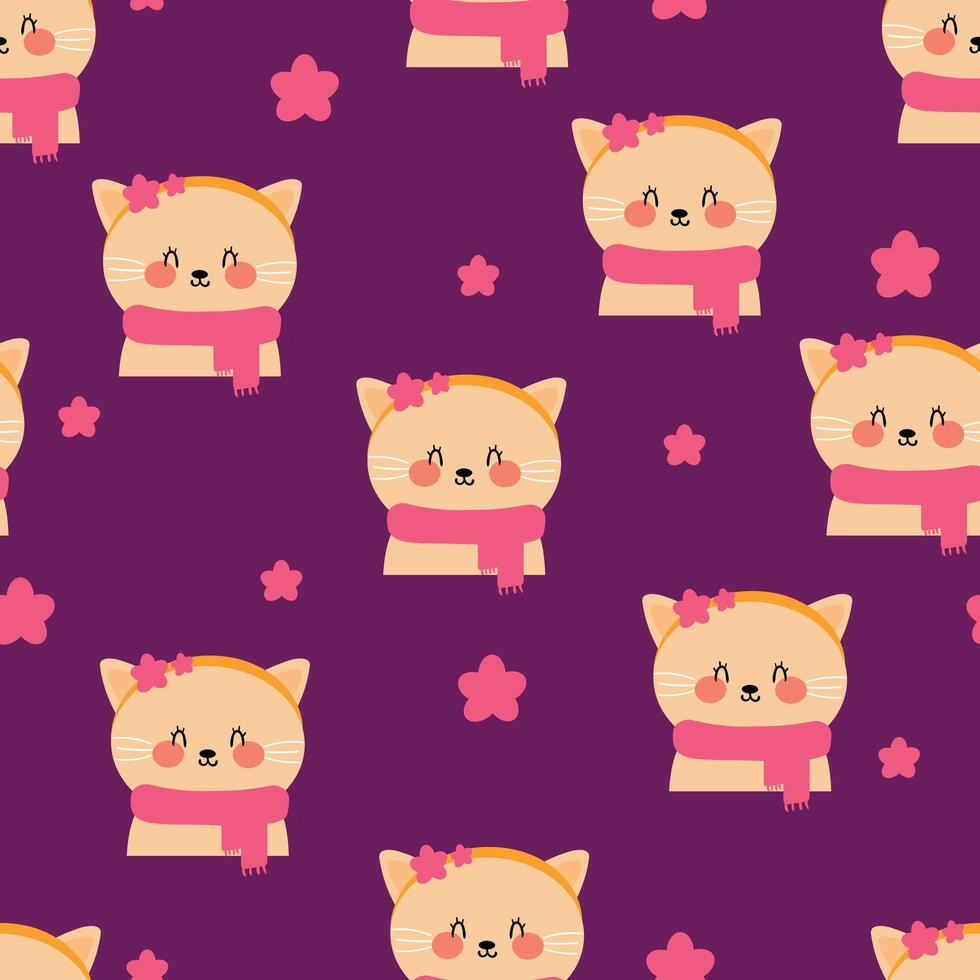 Seamless pattern cartoon cute cat wearing a pink scarf. cute wallpaper and animals background for gift wrap paper vector