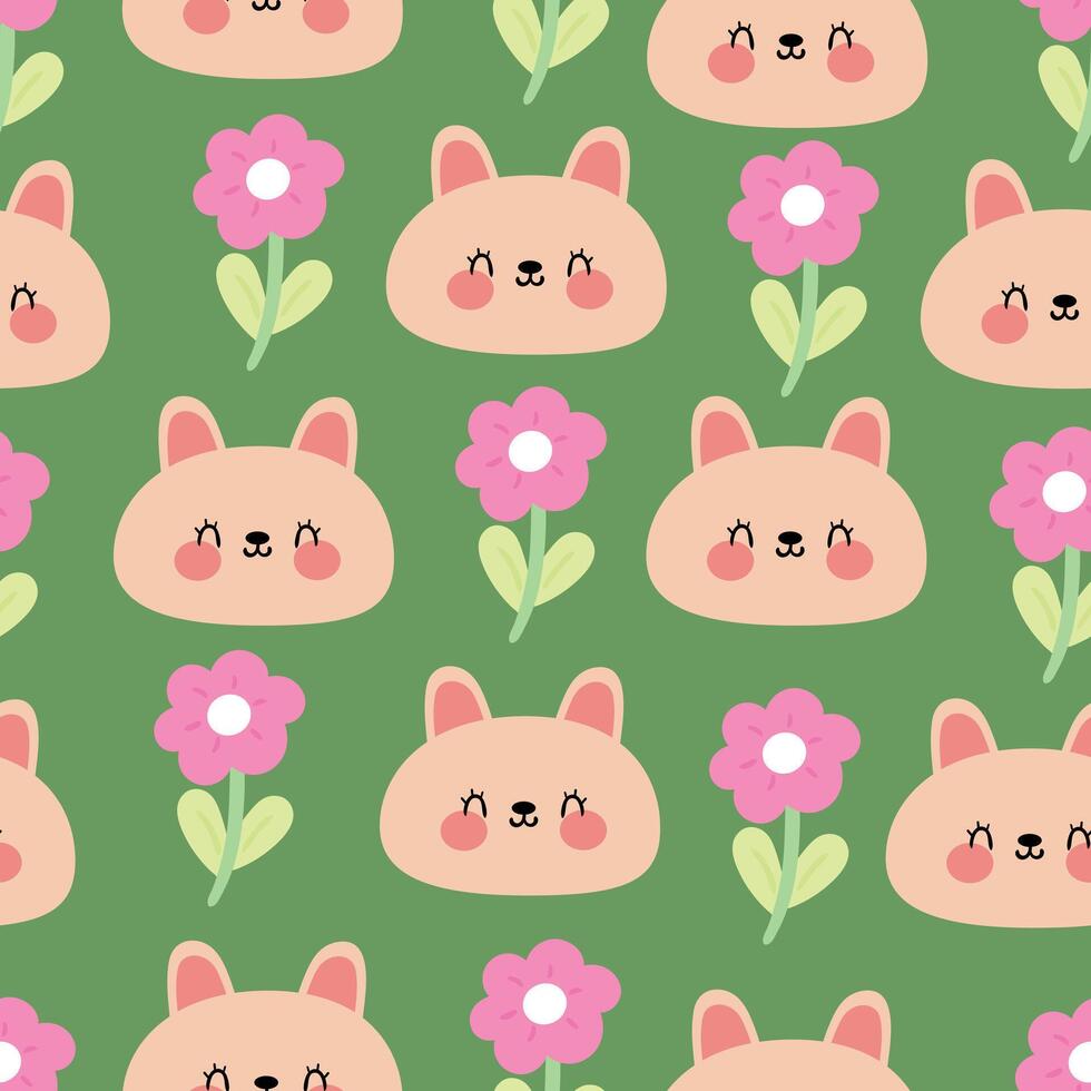 Seamless pattern with cute cartoon rabbits and pink flowers, for fabric prints, textiles, gift wrapping paper. children's flat and colorful style vector