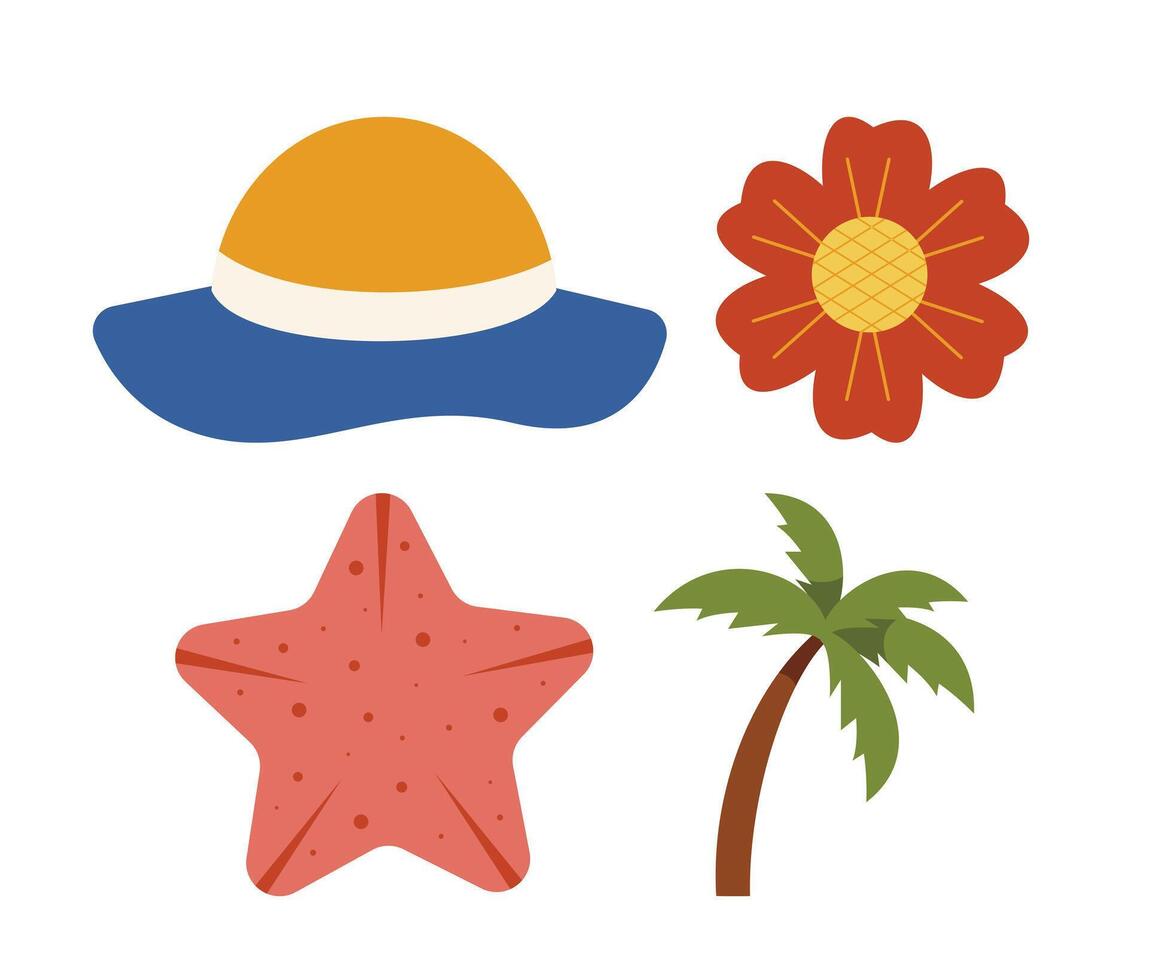 Summer illustration with a straw hat, flower, starfish, and palm tree vector