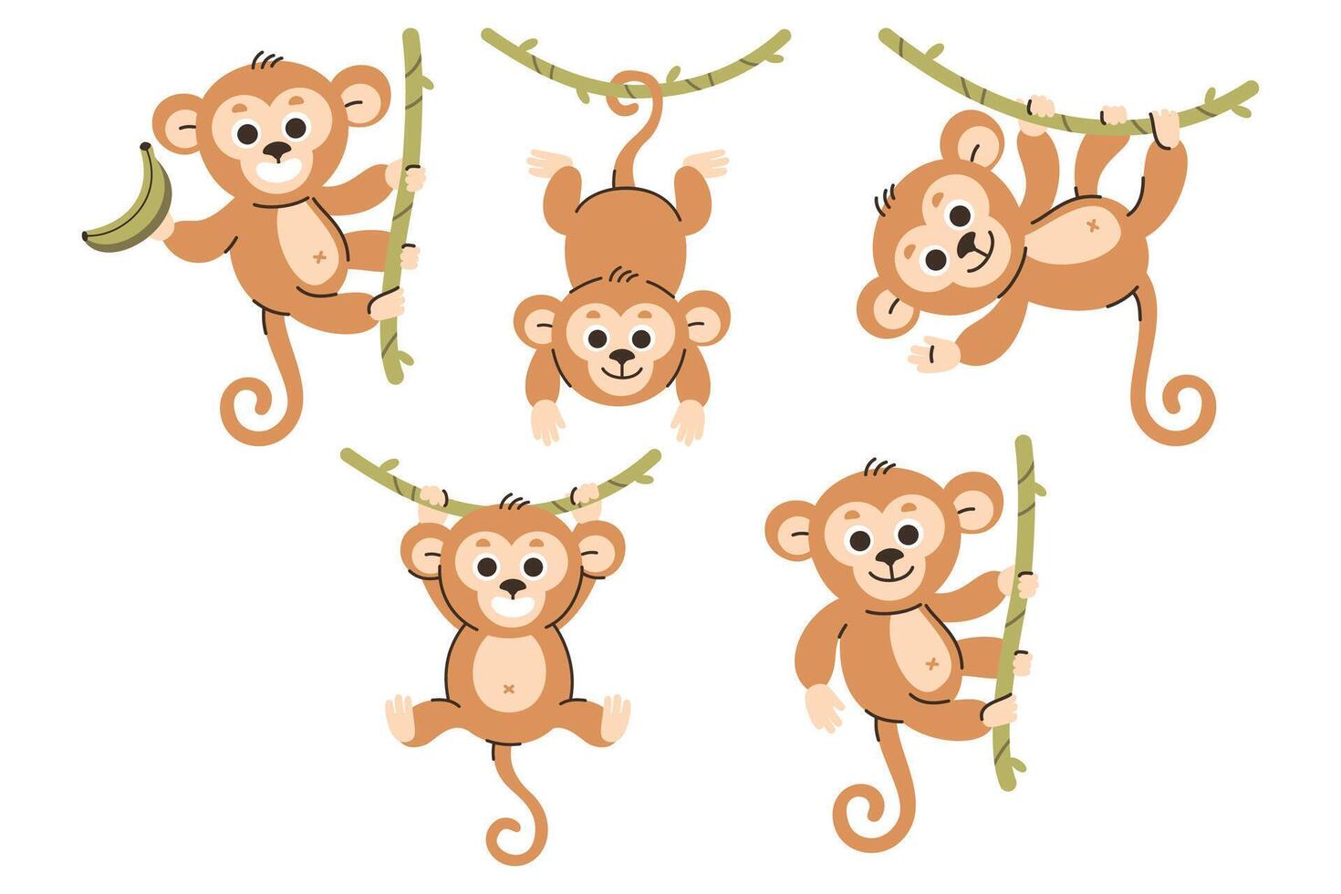 Adorable monkey set, playful animal cartoon characters vector