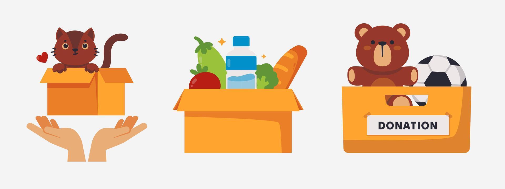 Generosity visualized, boxes showcasing diverse donations for those in need vector