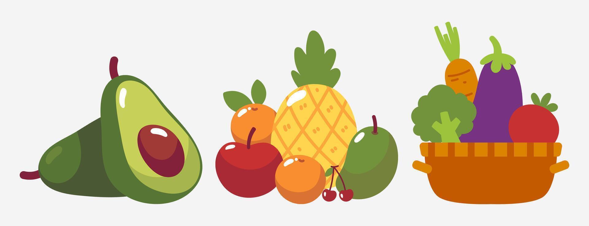 A colorful collection of fruits and vegetables in a charming cartoon style, perfect for health and nutrition themes. vector