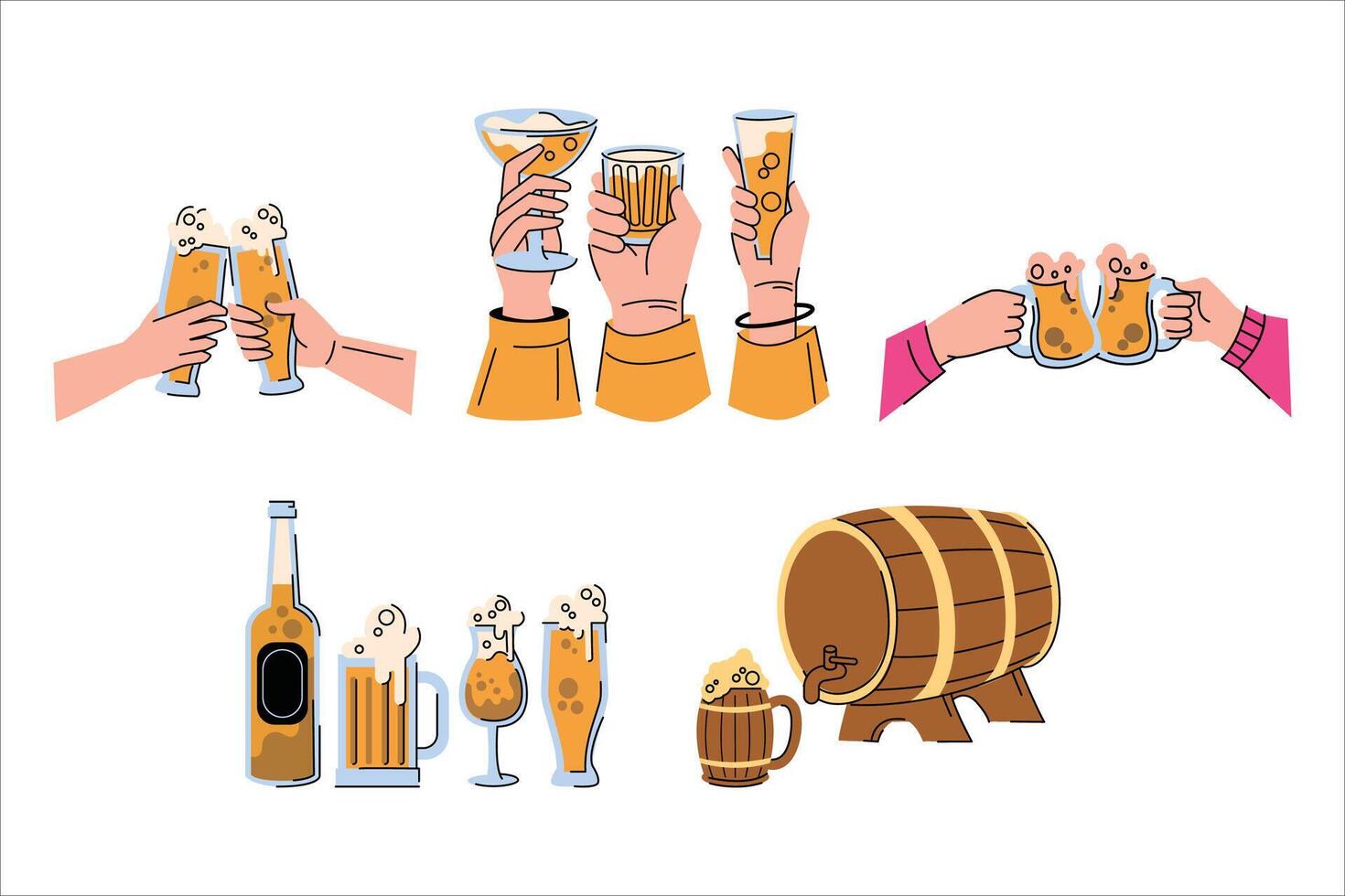 Various beer themed drawings, including hands cheering with glasses and mugs, alongside a barrel and bottle, ideal for brewery promotions. vector