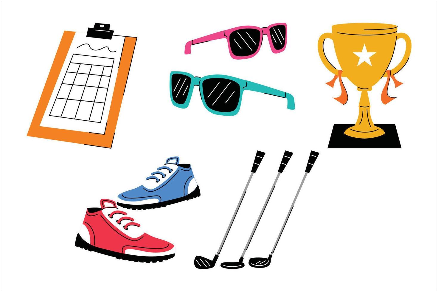 Cheerful illustration of golfing gear arranged on a white background. Featuring golf clubs, sneakers, sunglasses, and a winner's trophy. vector
