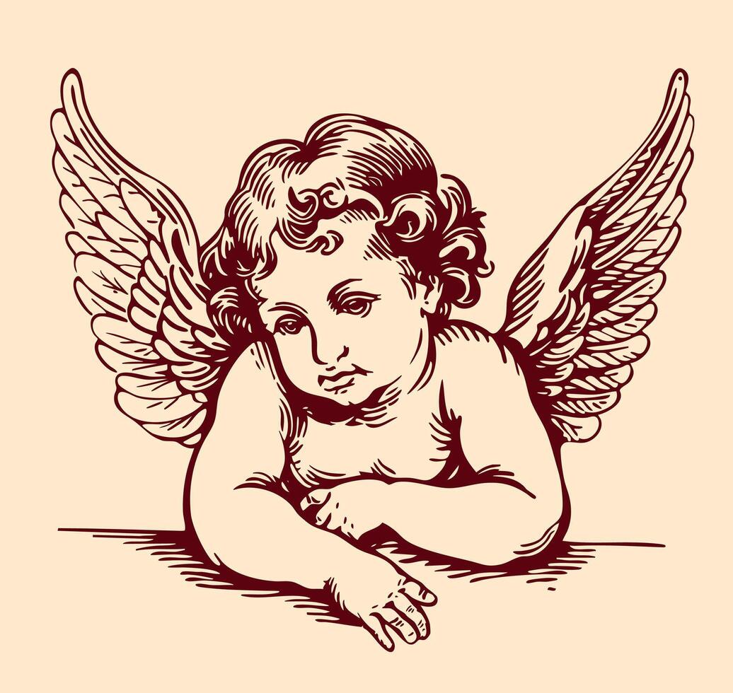 Baby angel line drawing. Cherub vector