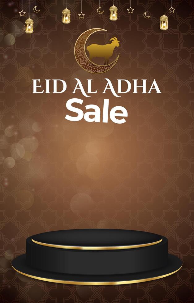 eid al adha sale discount portait template banner with blank space 3d podium for media social feed product sale with abstract gradient brown background vector
