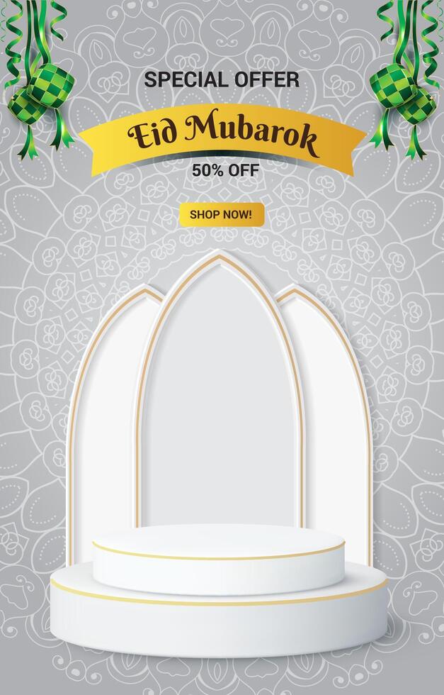 special offer eid sale discount portait template banner with blank space 3d podium for social media feed product sale with abstract gradient white background vector