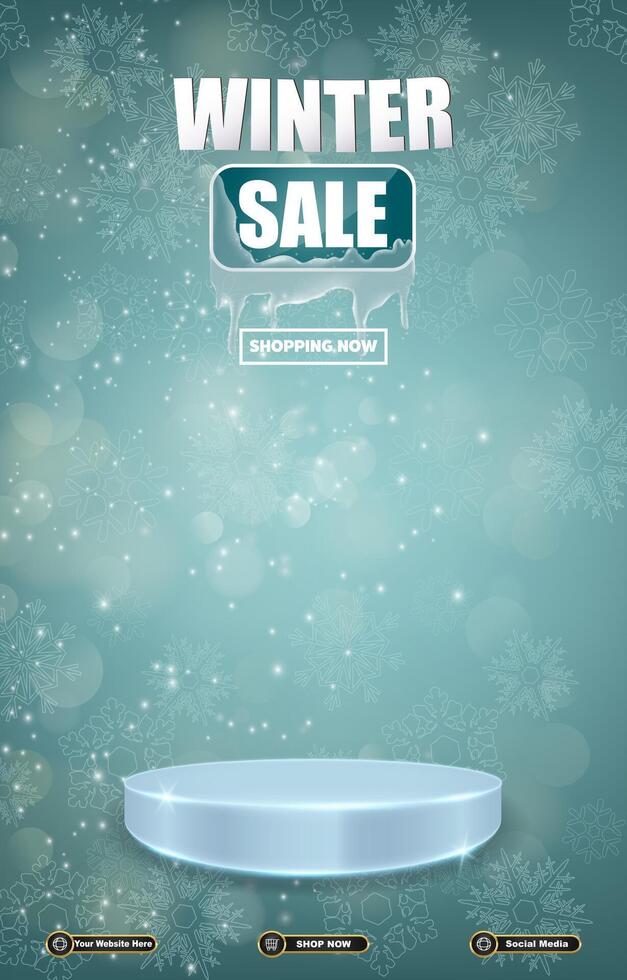 winter sale discount portait template banner with blank space 3d podium for social media post product sale with abstract gradient blue background design vector