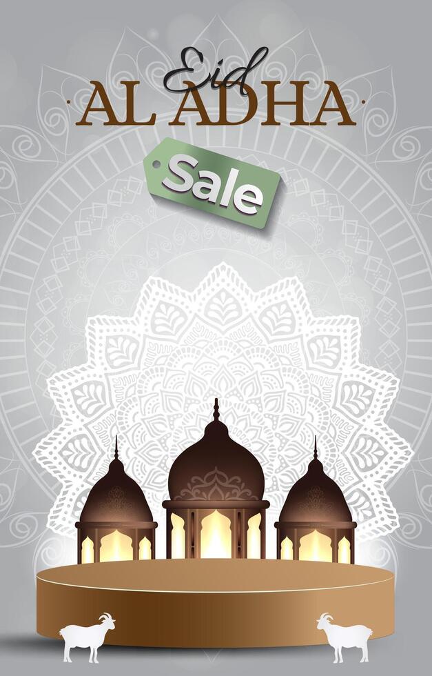 eid al adha sale discount portait template banner with blank space 3d podium for media social feed product sale with abstract gradient brown background design vector