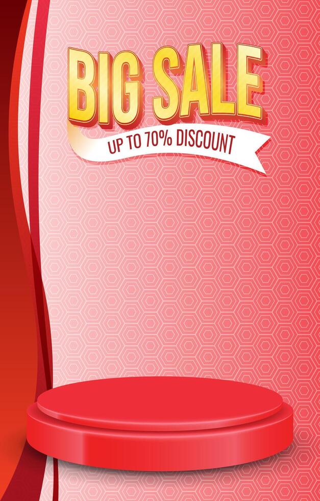 big sale discount portait template banner with blank space 3d podium for product sale with abstract gradient red background vector