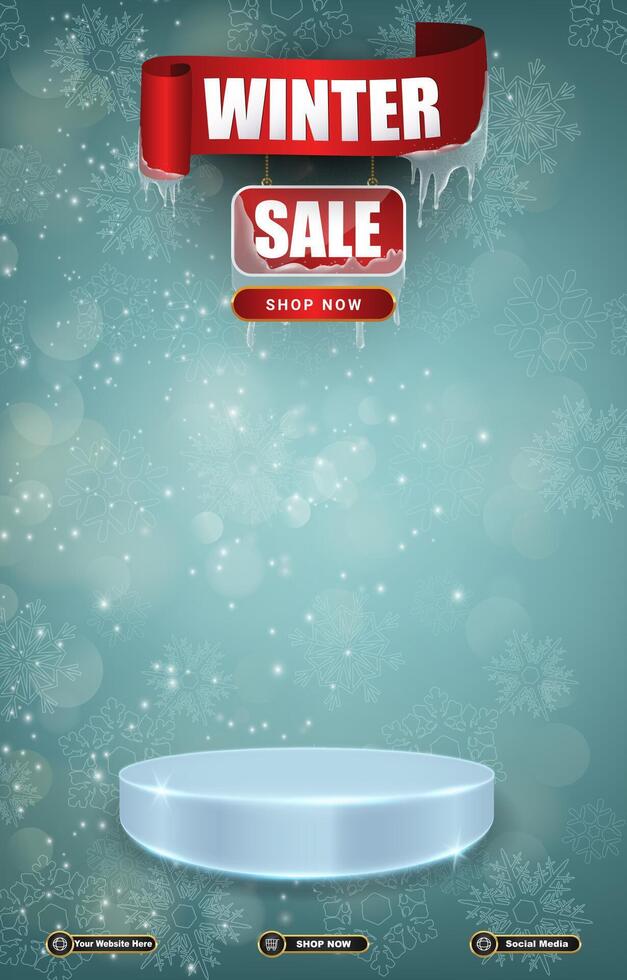 winter sale discount portait template banner with blank space 3d podium for social media post product sale with abstract gradient blue background vector