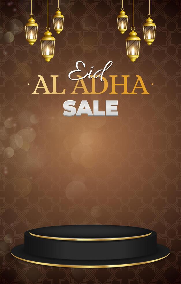 eid al adha sale discount portait template banner with blank space 3d podium for social media feed product sale with abstract gradient brown background design vector