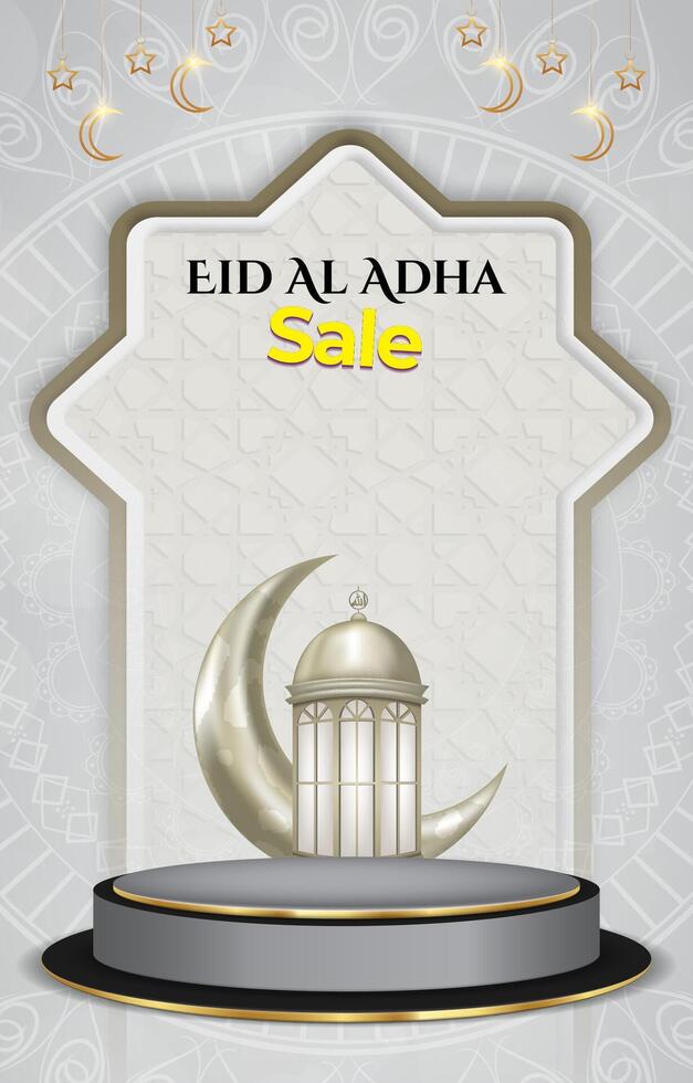 eid al adha sale discount portait template banner with blank space 3d podium for social media feed product sale with abstract gradient grey background vector