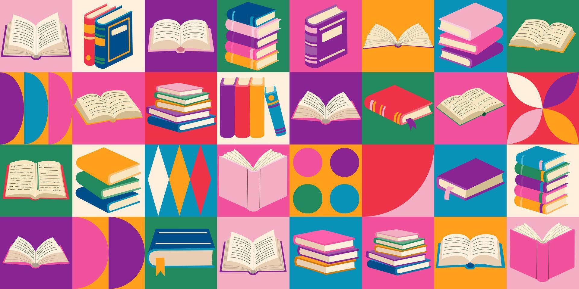 A colorful collage of books with different sizes and colors. Concept of a diverse collection of books, possibly representing a library or a bookstore vector