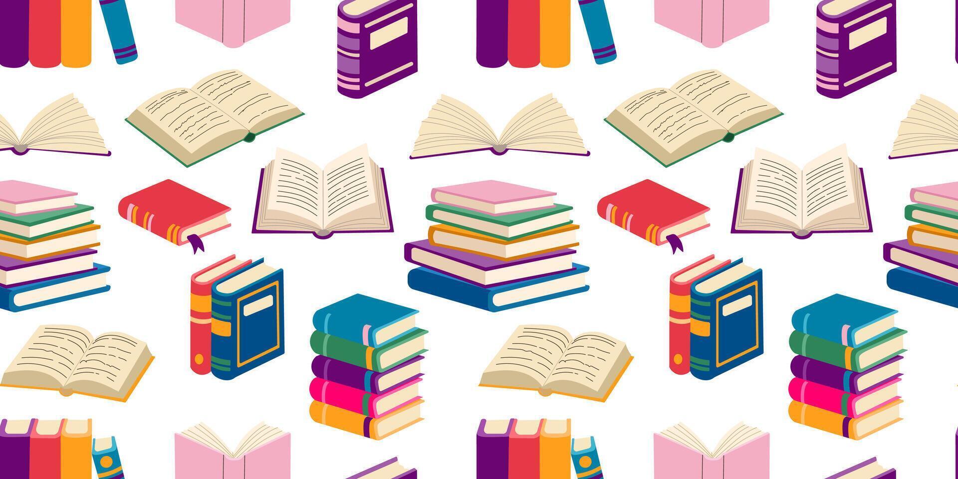 A pattern of books with some of them open. The books are of different sizes and colors. The pattern is made up of various books stacked on top of each other vector