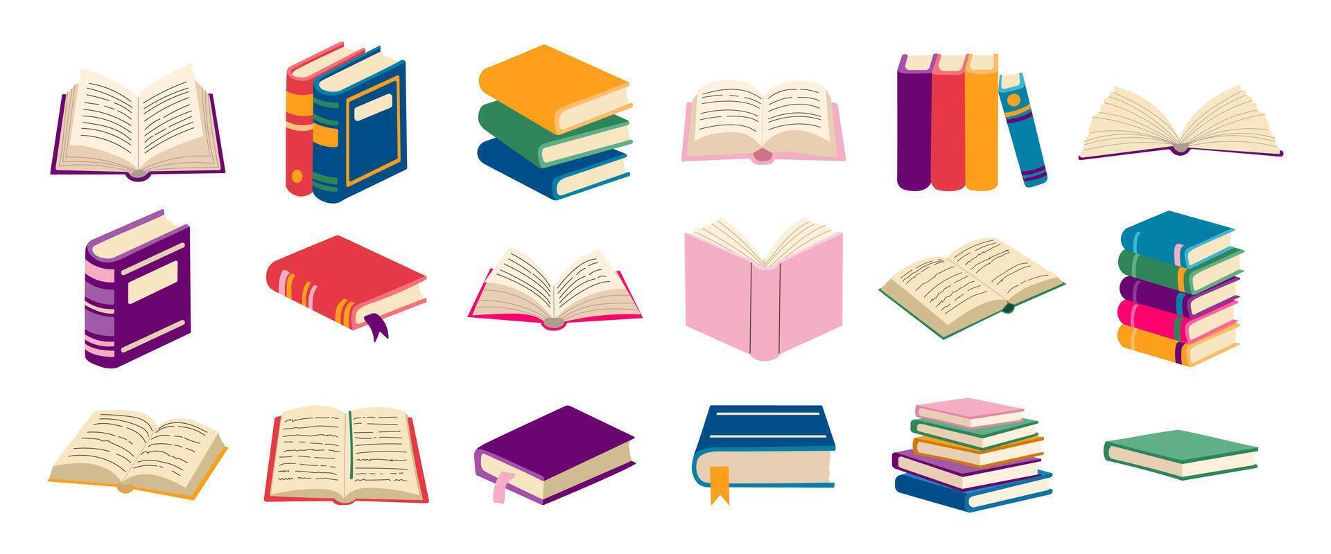 A collection of books with different colors and sizes. Some of the books are open and some are closed vector
