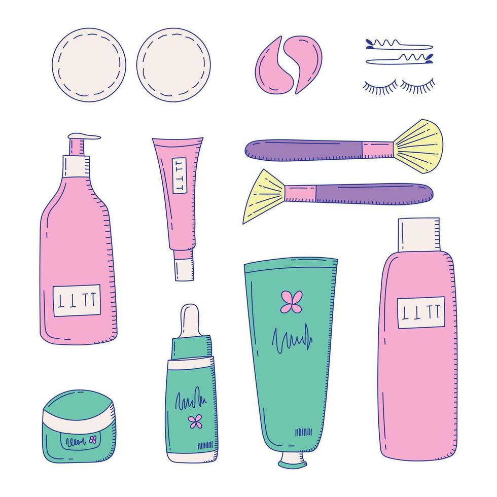 Set of skin care icons in doodle style. Soft tones vector