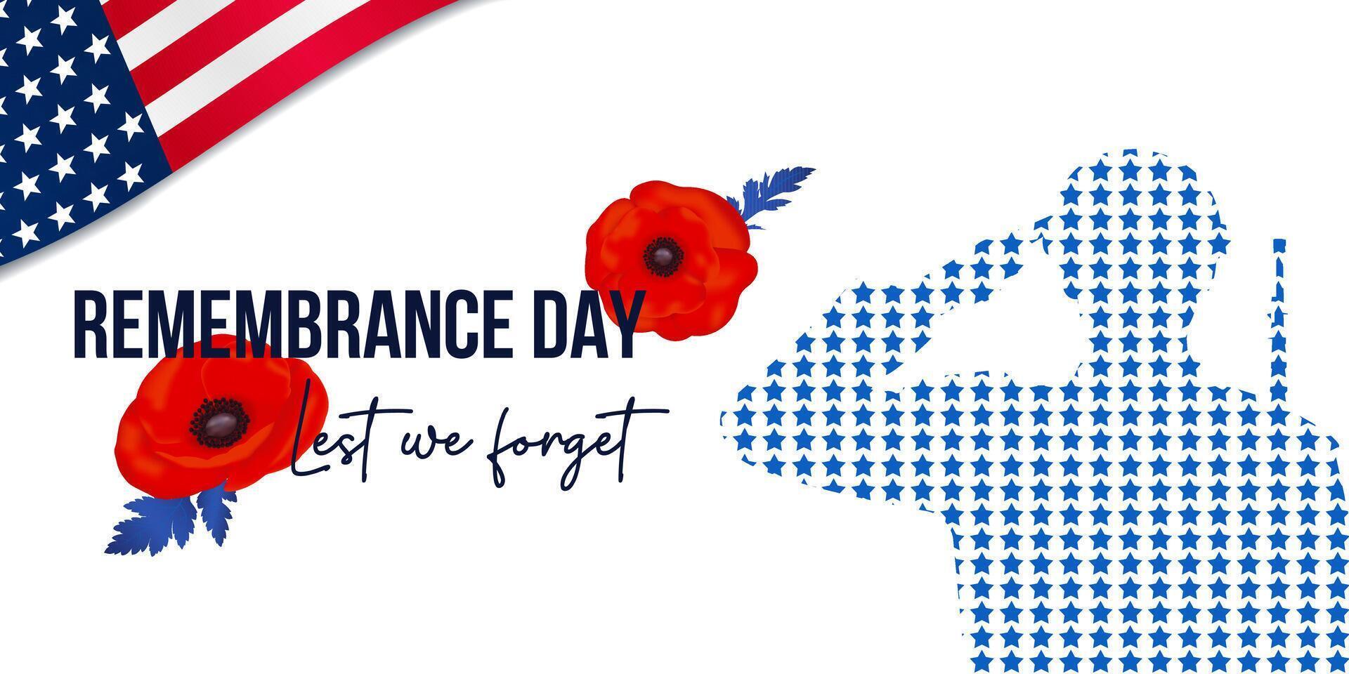 horizontal banner for memorial day in the usa, composition with silhouette of soldier and red poppies vector