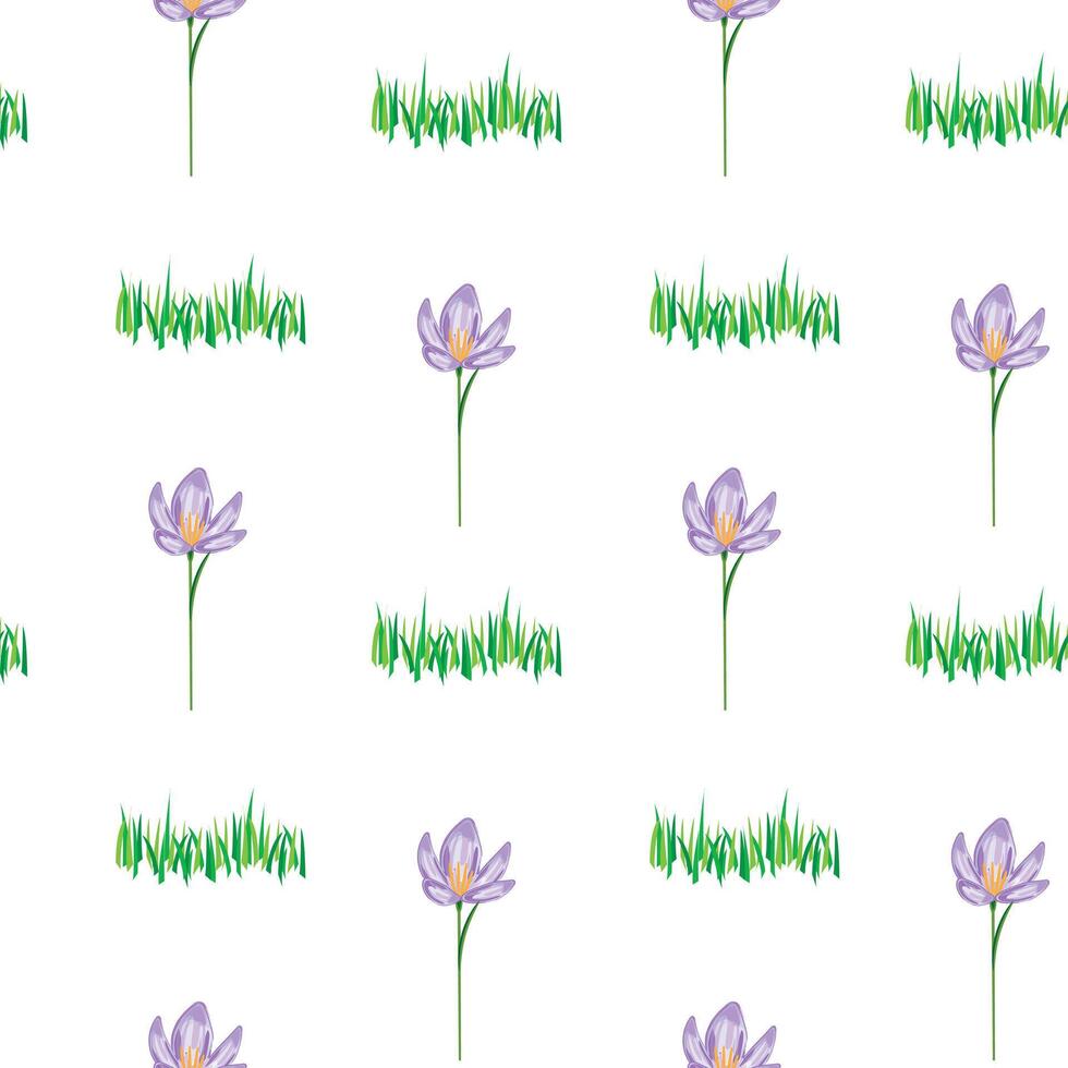 Vibrant crocus flowers and grass seamless pattern on white, perfect for spring themed designs vector