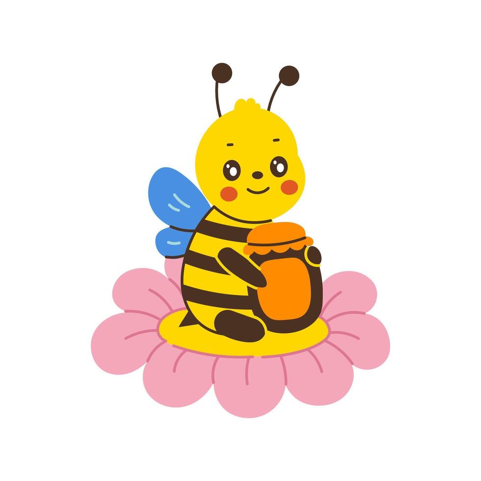 Cute Bee sitting on Flower with jar of Honey vector