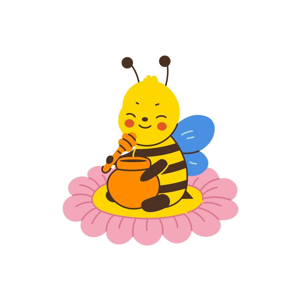 Honey Bee with Pot and Honey Stick sits on Flower vector