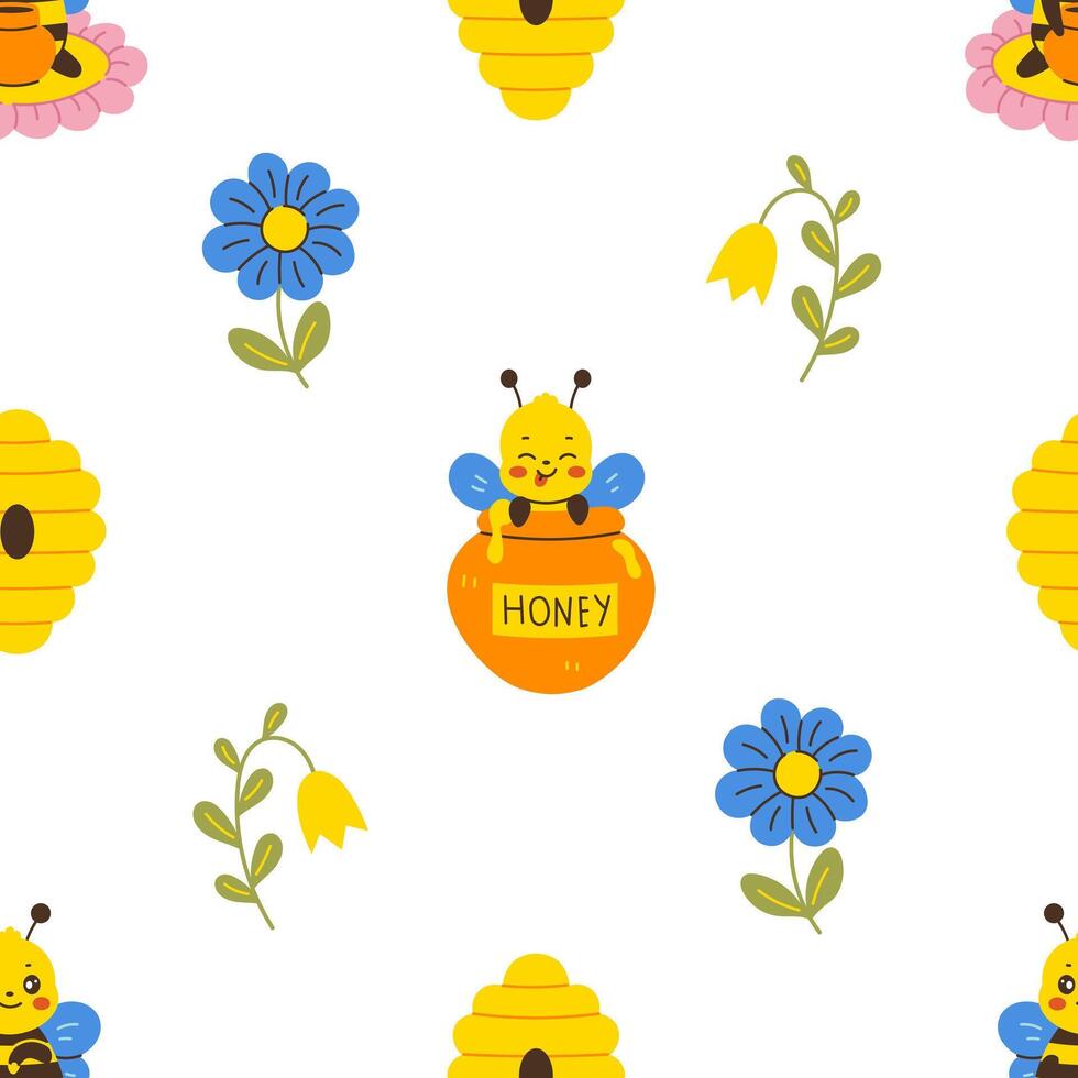 Honey Bee Beehive Flowers Seamless Pattern vector