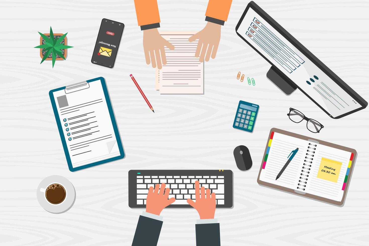 Top view of a customer service representative's desk serving customers or a businessperson and his clients vector