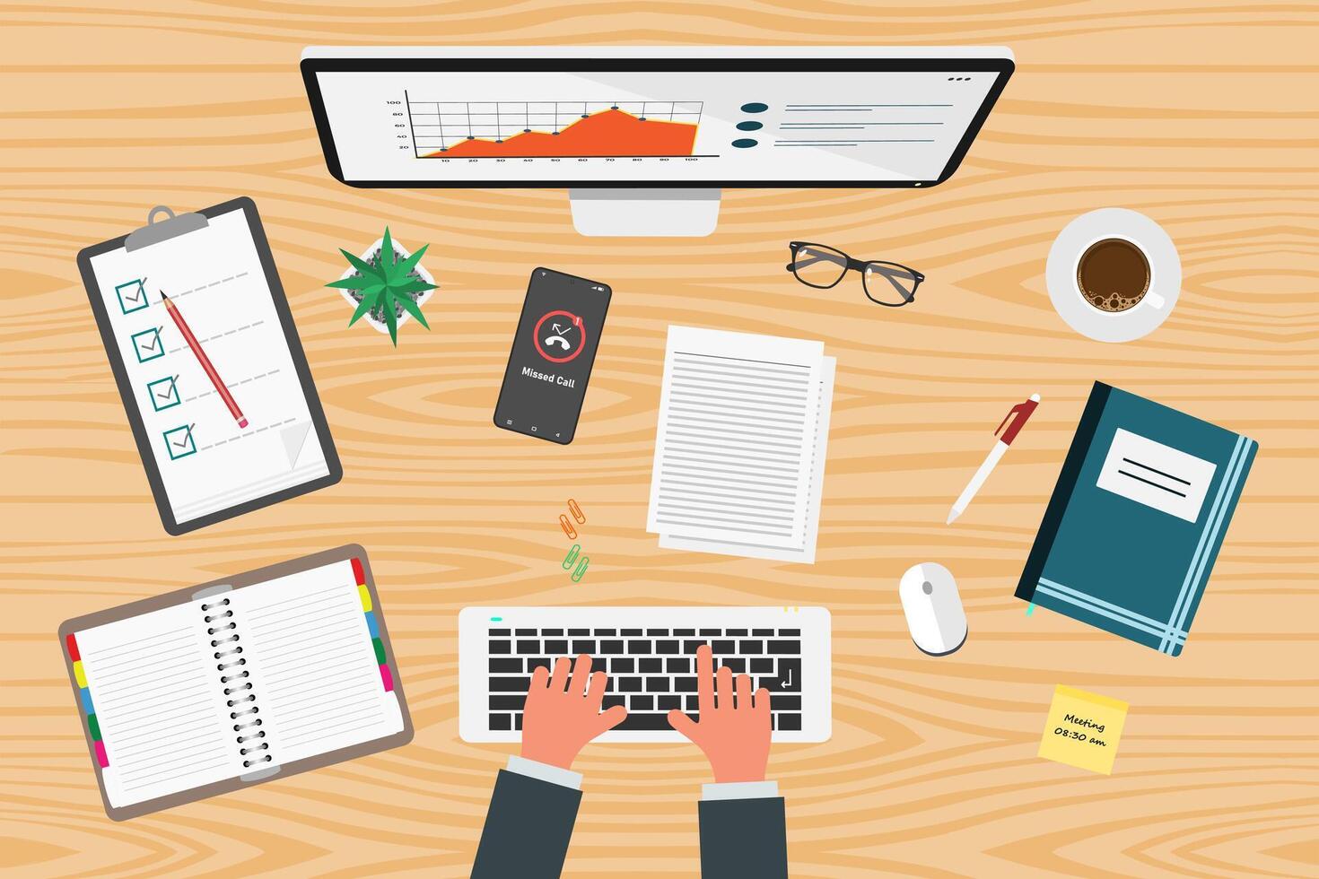 Top view of person using computer for work or study with files and notebooks on desk vector