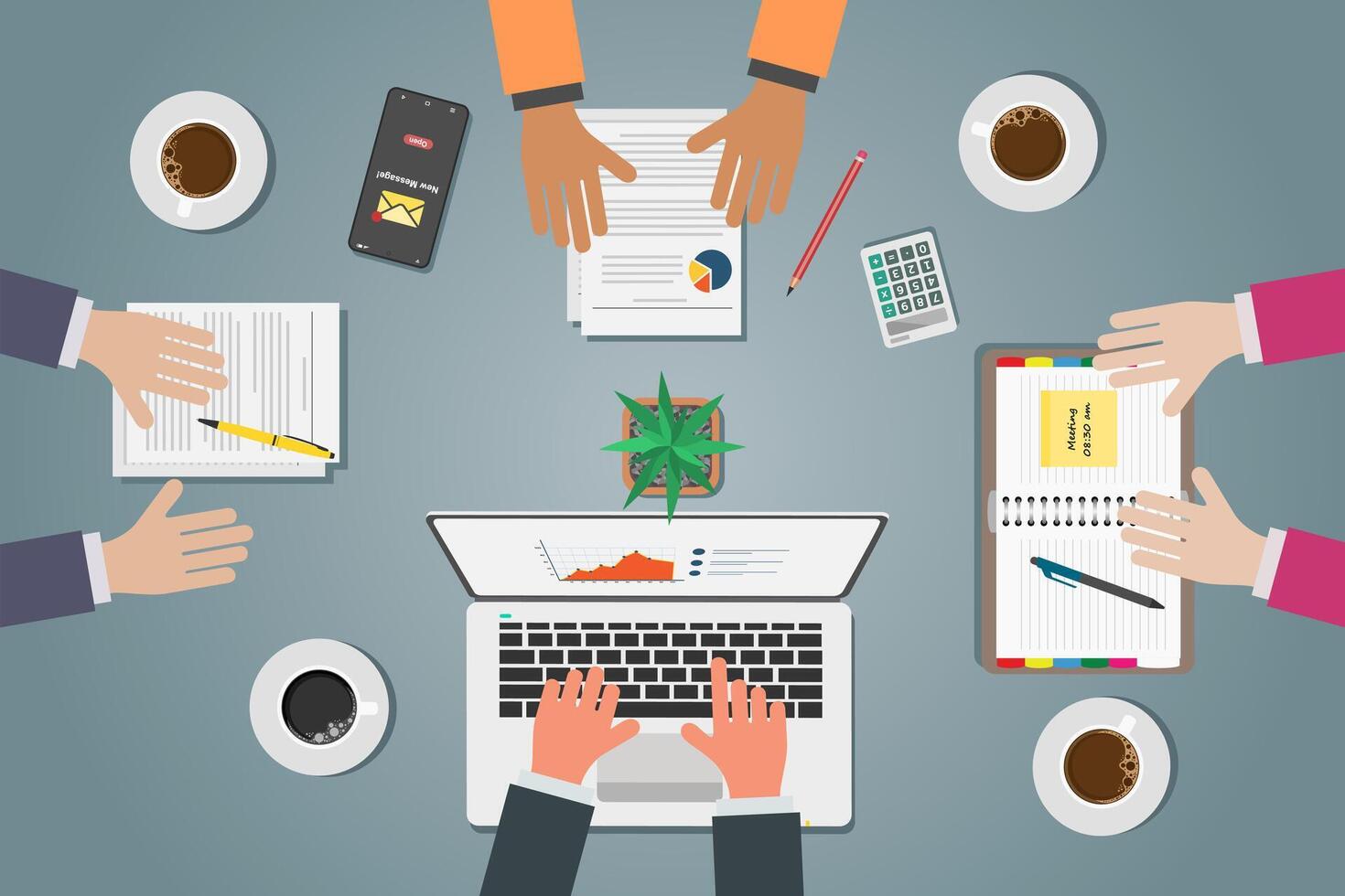 Top view of business group meeting or discussion at a work desk vector