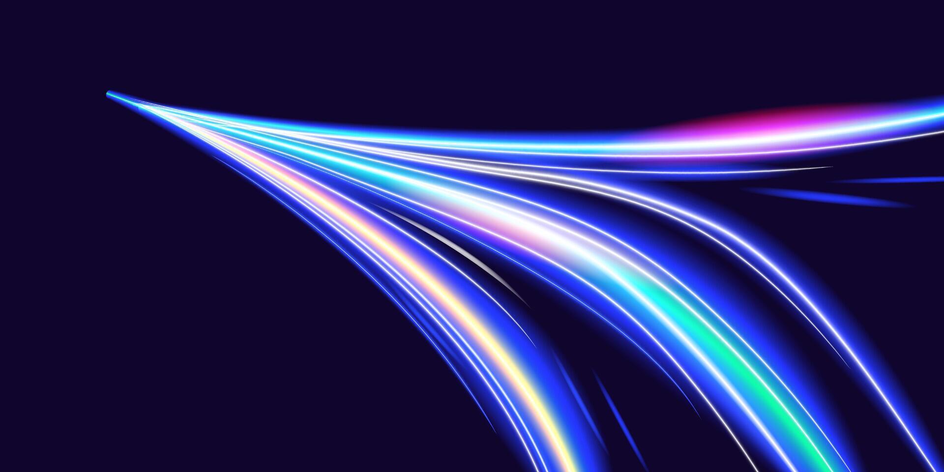 Futuristic neon motion light trails with speed blur effect on dark background. Ideal for technology, digital innovation, high-speed internet, data transfer, sci-fi themes, and dynamic banners. vector