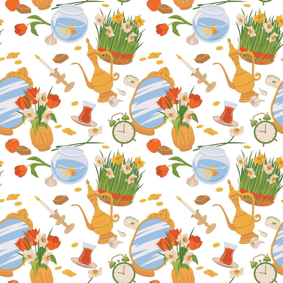 Seamless pattern for the spring equinox holiday Novruz in Azerbaijan and Iran. Background with Persian New Year symbols. Mirror, green wheat sprouts, fish, sweets, candle, tea, gold coins, flowers. vector