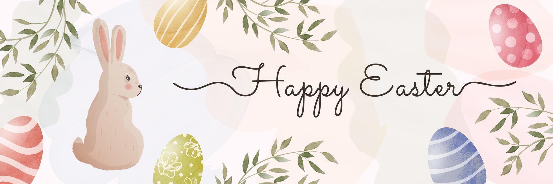 Watercolor Easter banner with bunny, eggs, and floral elements. Soft pastel color palette. Perfect for social media, website headers, greeting cards, seasonal sales, and festive decorations. vector