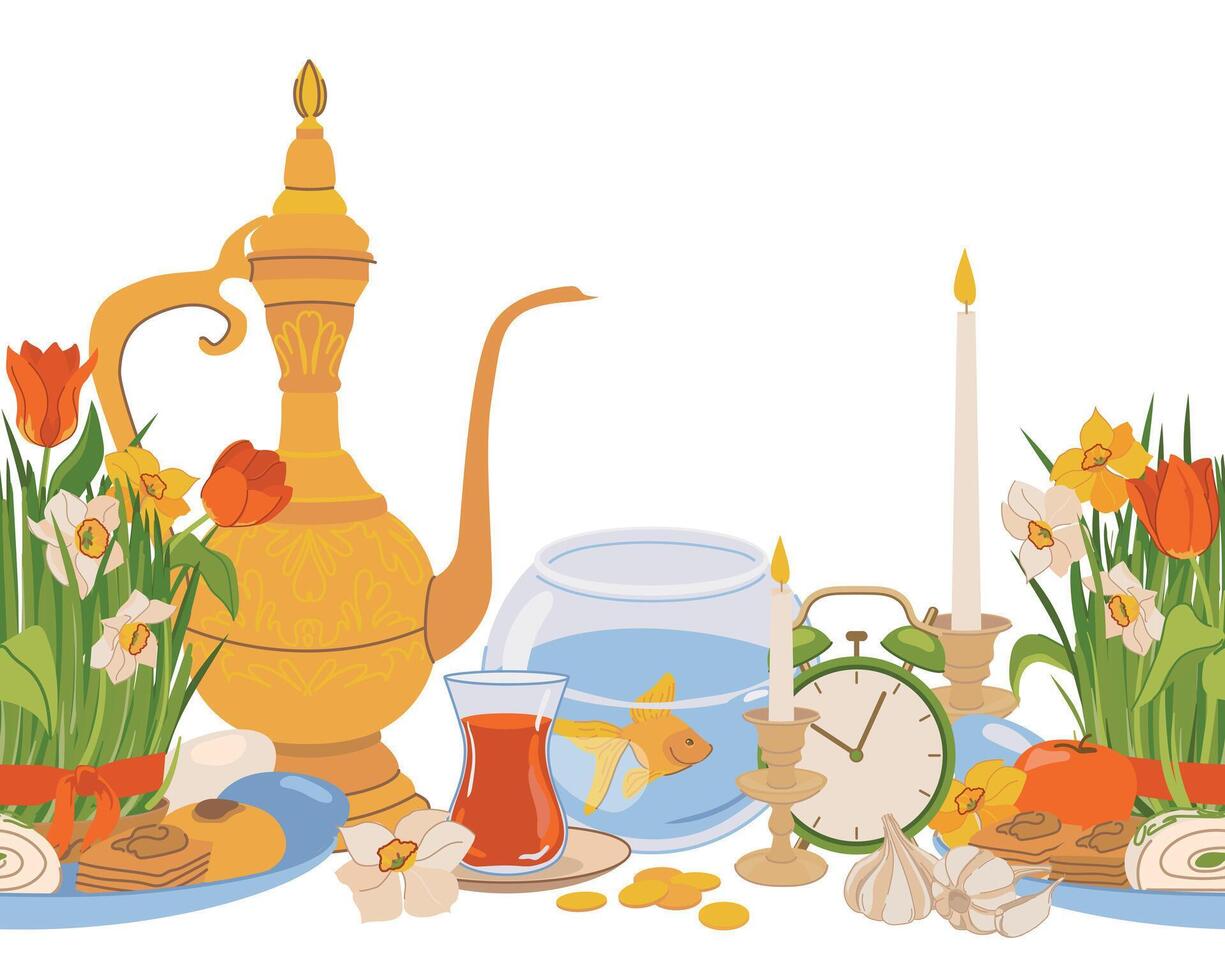 Seamless pattern for International Day of Nowruz. Iranian New Year is a holy day and religious holiday of Zoroastrians and Baha'is. Mirror, green grass, sweets, candles, vinegar, flowers. Flat . vector