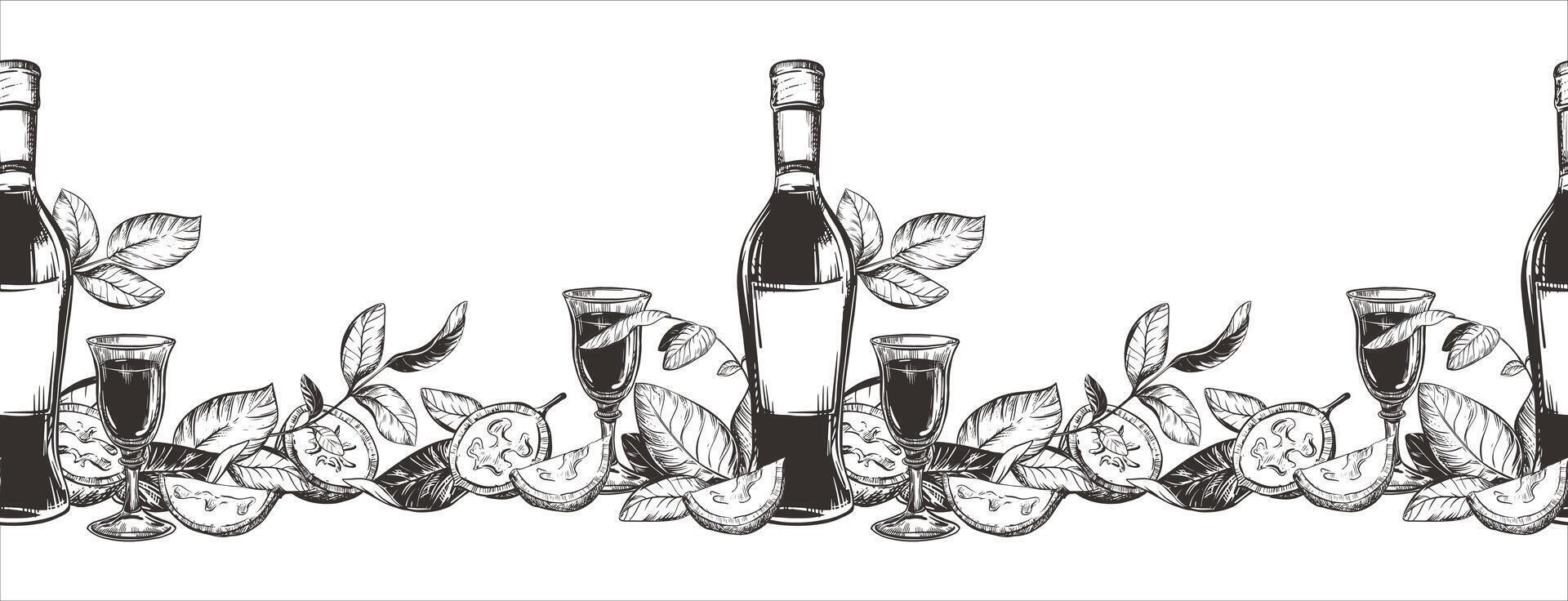 Bottle of Italian liqueur Nocino, glass with aperitif. seamless pattern in engraving technique. Unripe walnut seeds whole and halves, leaves and branches. Linear sketch in black ink. vector