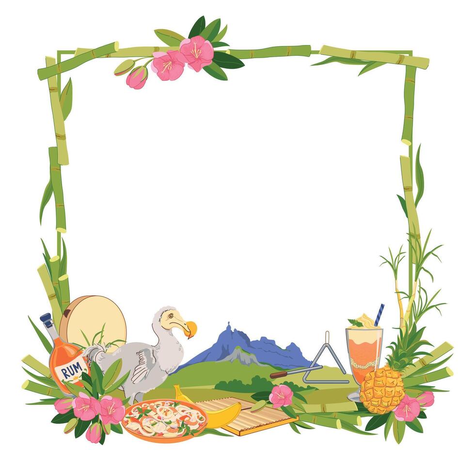 Frame. Landmarks of Mauritius island in flat style. sugar cane, Mount Peter, endemic bird Dodo, flowers Trochetia boutoniana, pineapple, falooda, millionaire's salad, musical instruments Sega. vector