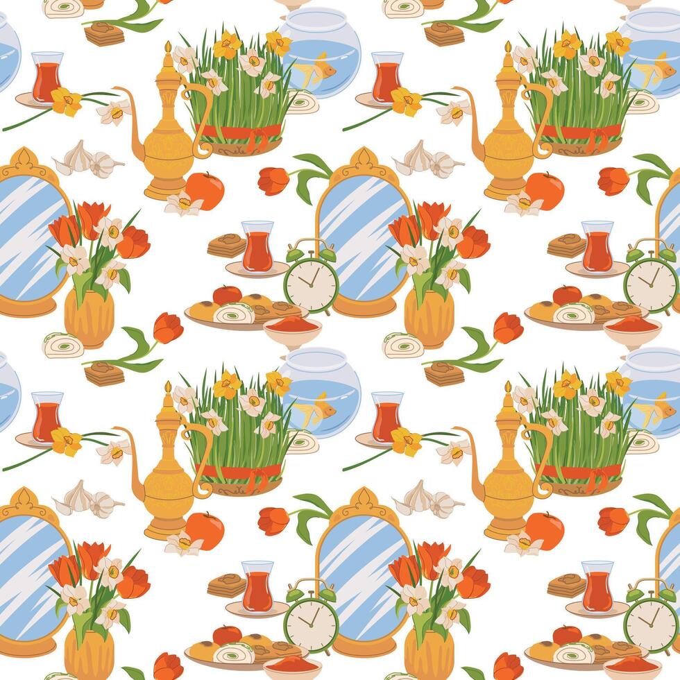 Seamless pattern for International Day of Nowruz. Iranian New Year is a holy day and religious holiday of Zoroastrians and Baha'is. Mirror, green grass, sweets, candles, vinegar, flowers. Flat . vector