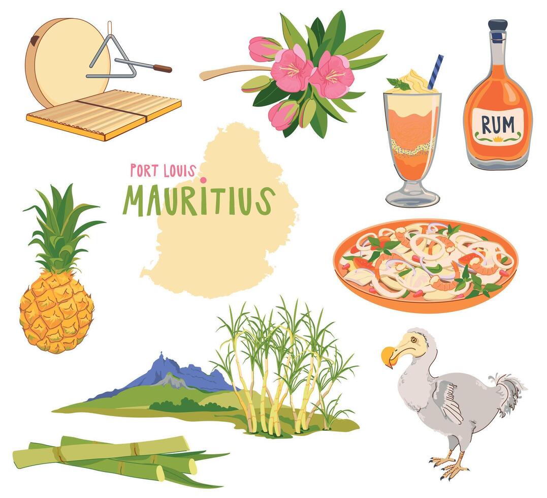 Mauritius map, landmarks of the island in flat style. sugar cane, Peter mountain, endemic Dodo bird, trochetia boutoniana flowers, pineapple, falooda, millionaire salad, Sega music instruments. vector