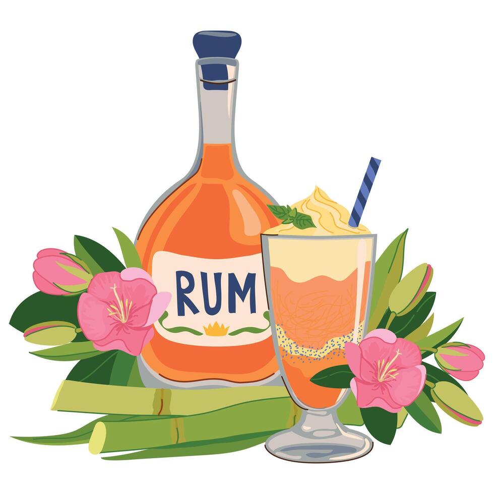 composition with bottle of rum, refreshing cocktail and tropical flowers. Illustration for beach bar menu. Cruise vacation, summer holidays, party, cafe, vacation. vector