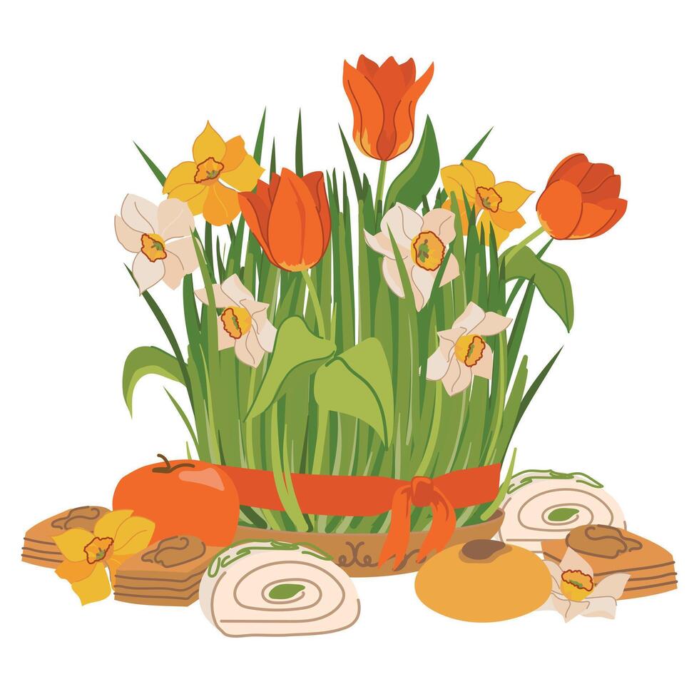 Green fresh wheat grass sabzi seed decorated with red ribbon and oriental sweets. The spring equinox holiday Novruz in Azerbaijan and Iran. Symbol of the Persian New Year vector
