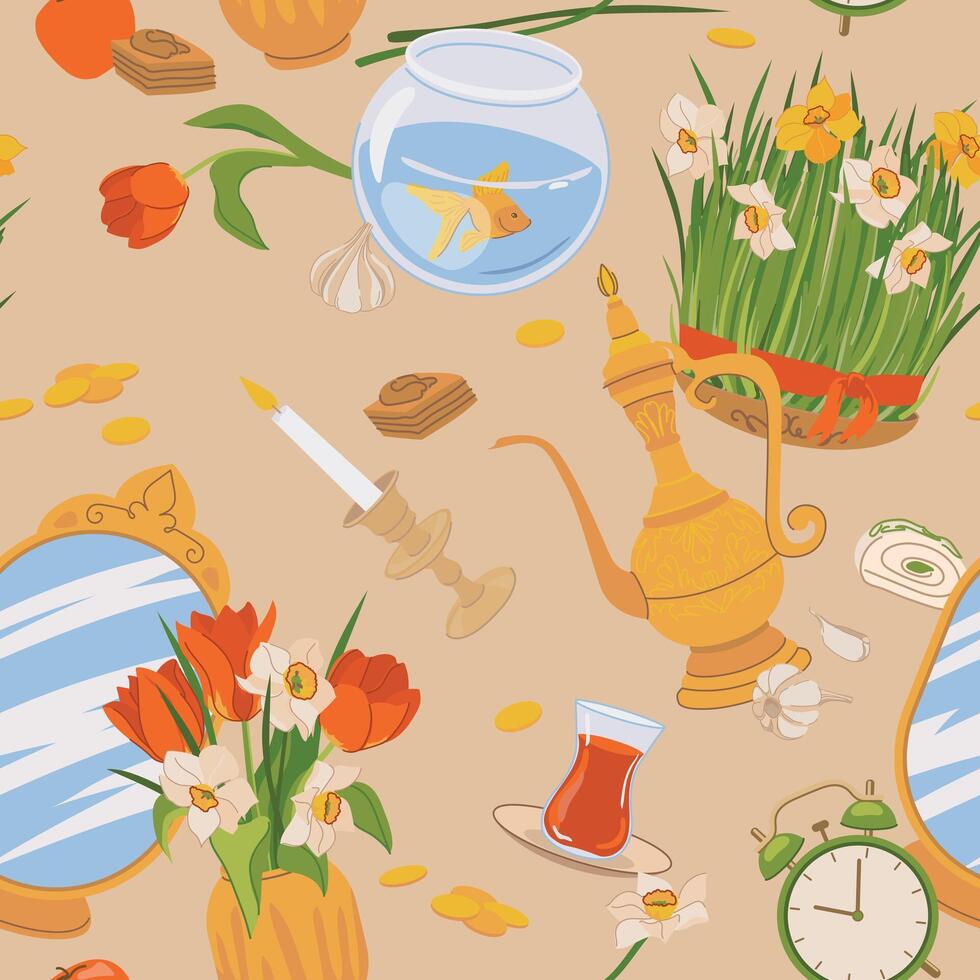 Seamless pattern for the spring equinox holiday Novruz in Azerbaijan and Iran. Background with Persian New Year symbols. Mirror, green wheat sprouts, fish, sweets, candle, tea, gold coins, flowers. vector