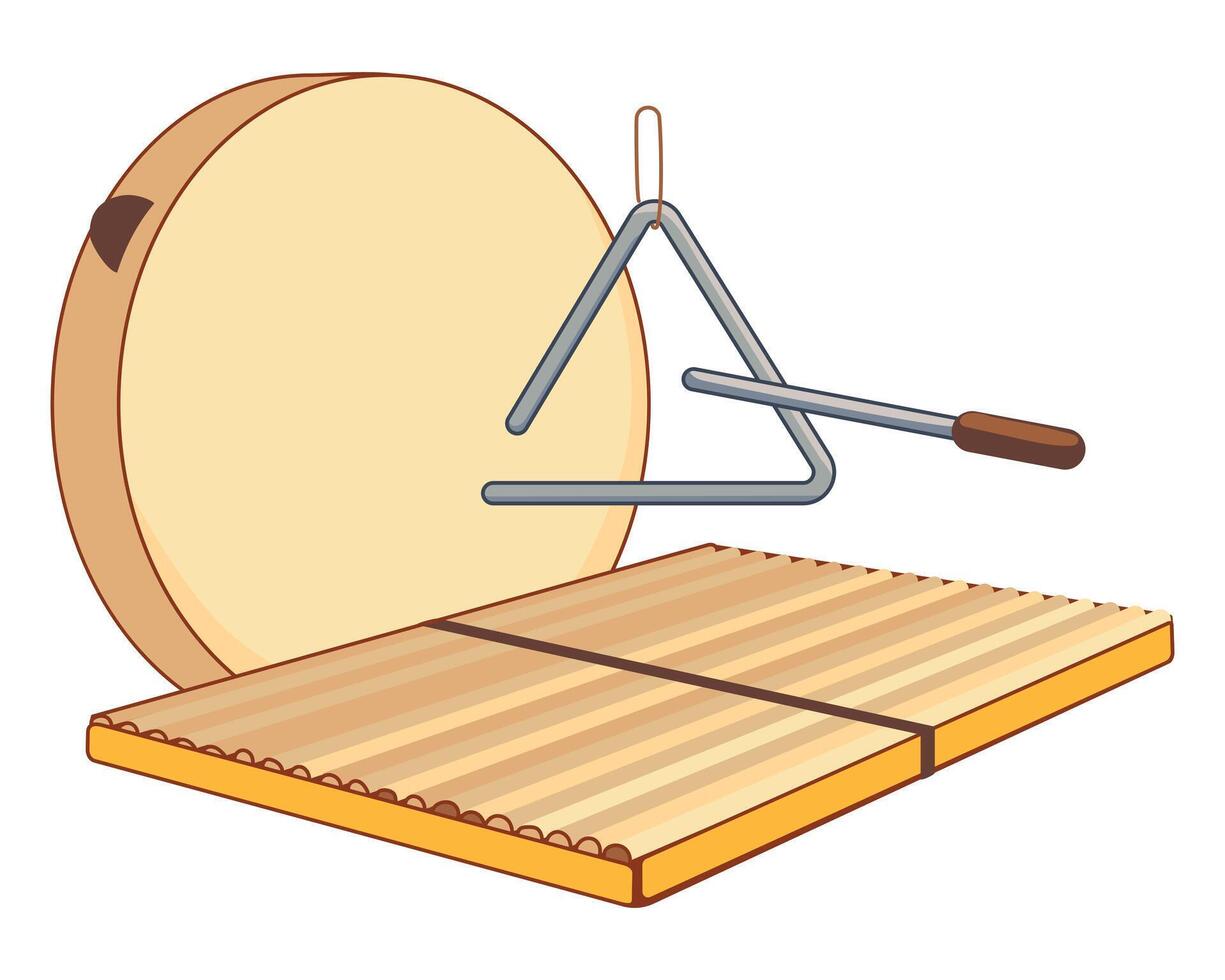 Traditional musical instruments for modern music. ravanna, maravanna and triangl. Homemade percussion instruments of african countries in flat style isolated on white background. vector